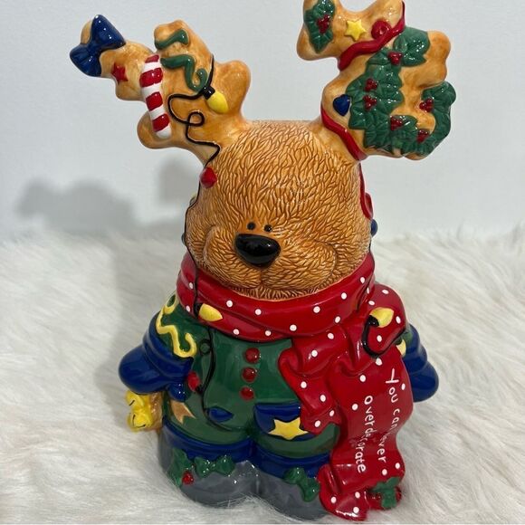 Vintage Lefton "You Can Never Overdecorate" Reindeer Cookie Jar - Picture 5 of 10